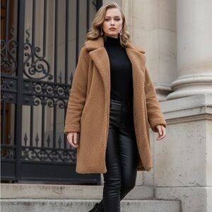 KATE & SAM Women’s Medium Faux Fur Super Soft Teddy Bear Brown Coat Pockets EUC